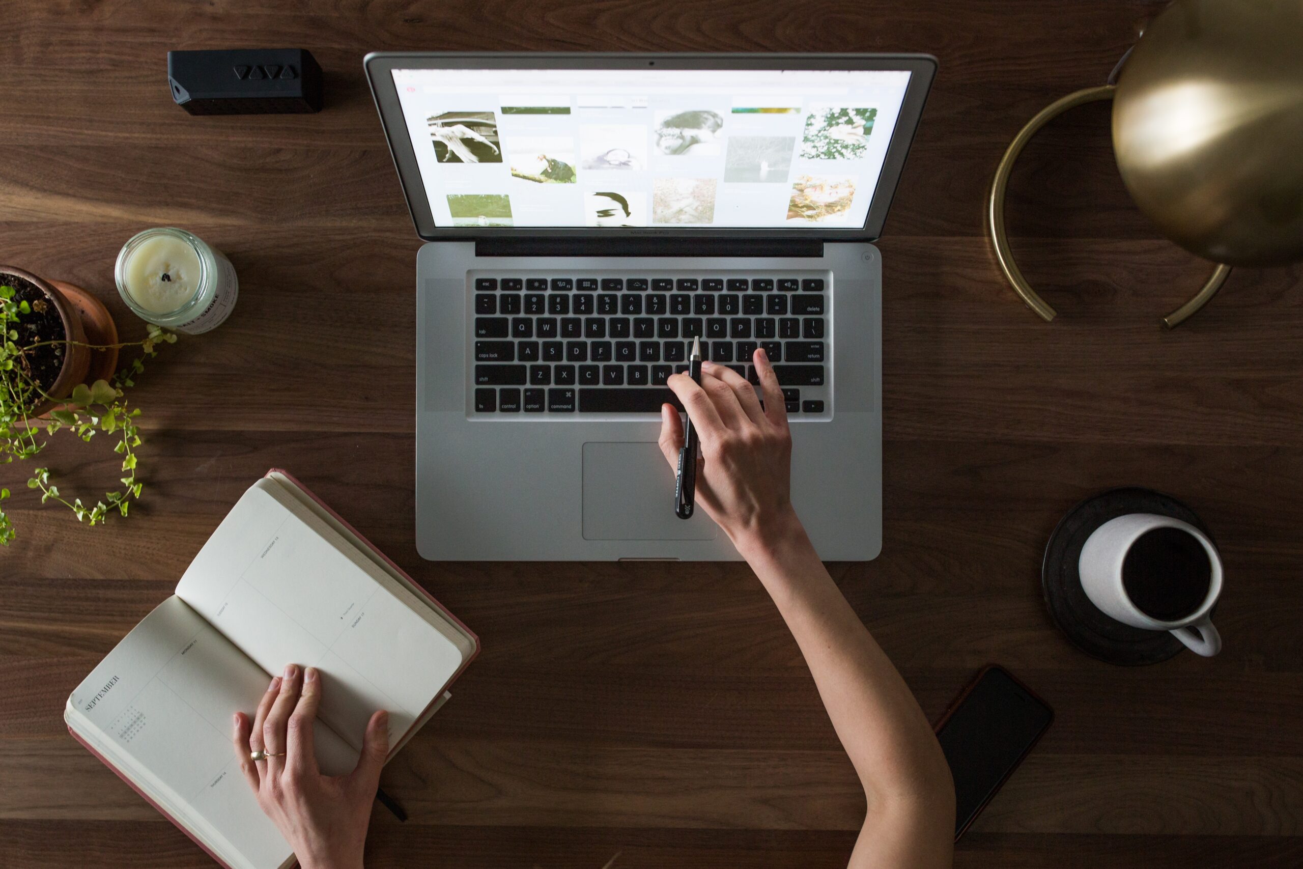 Business owner looking at computer while trying to decide between Showit vs. Squarespace | North Branch Copywriting Studio